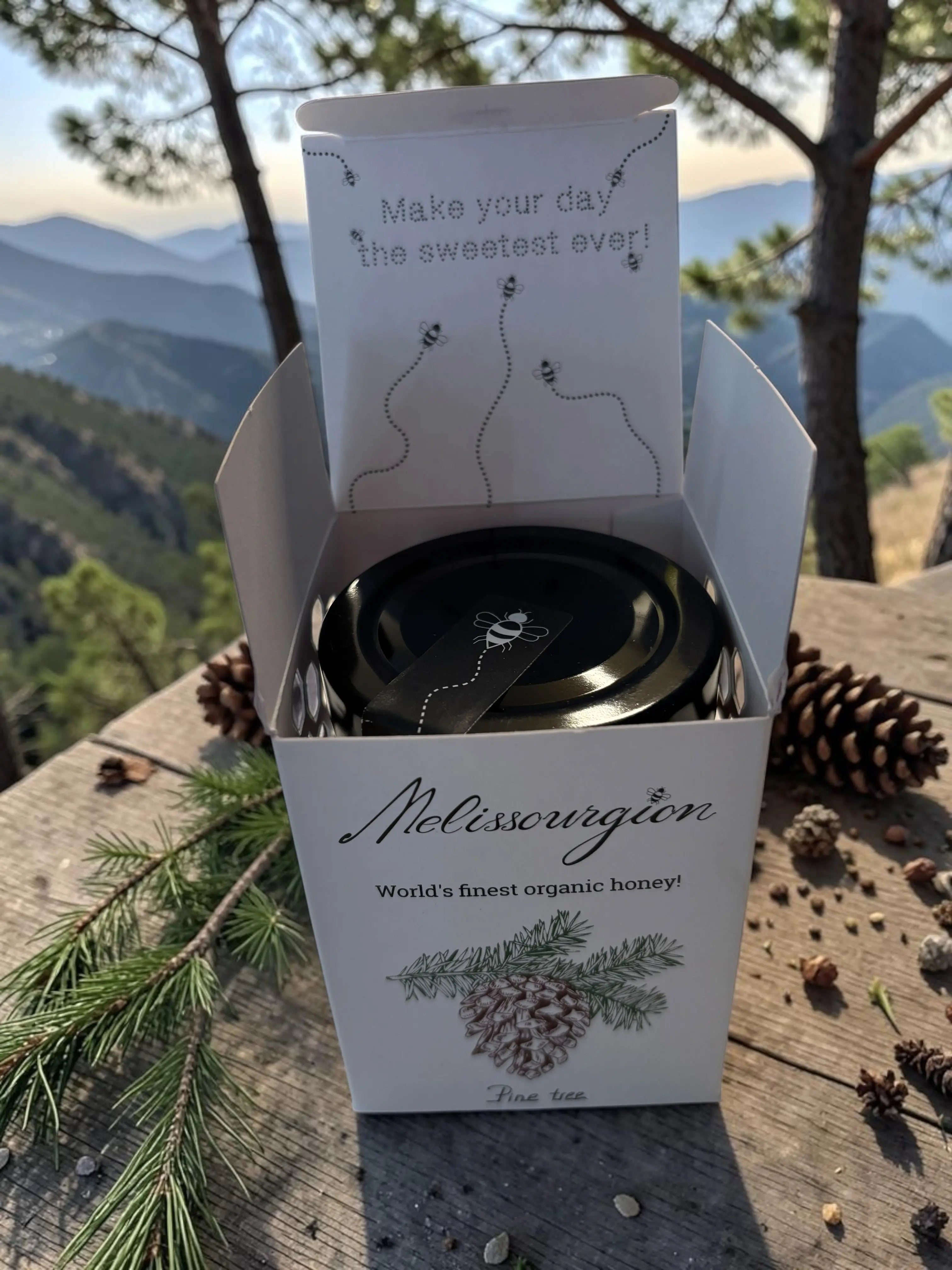 Geschenkbox mit geöffnetem Honigglas, Deckel sichtbar, Kiefernzapfenmotiv auf Karton
