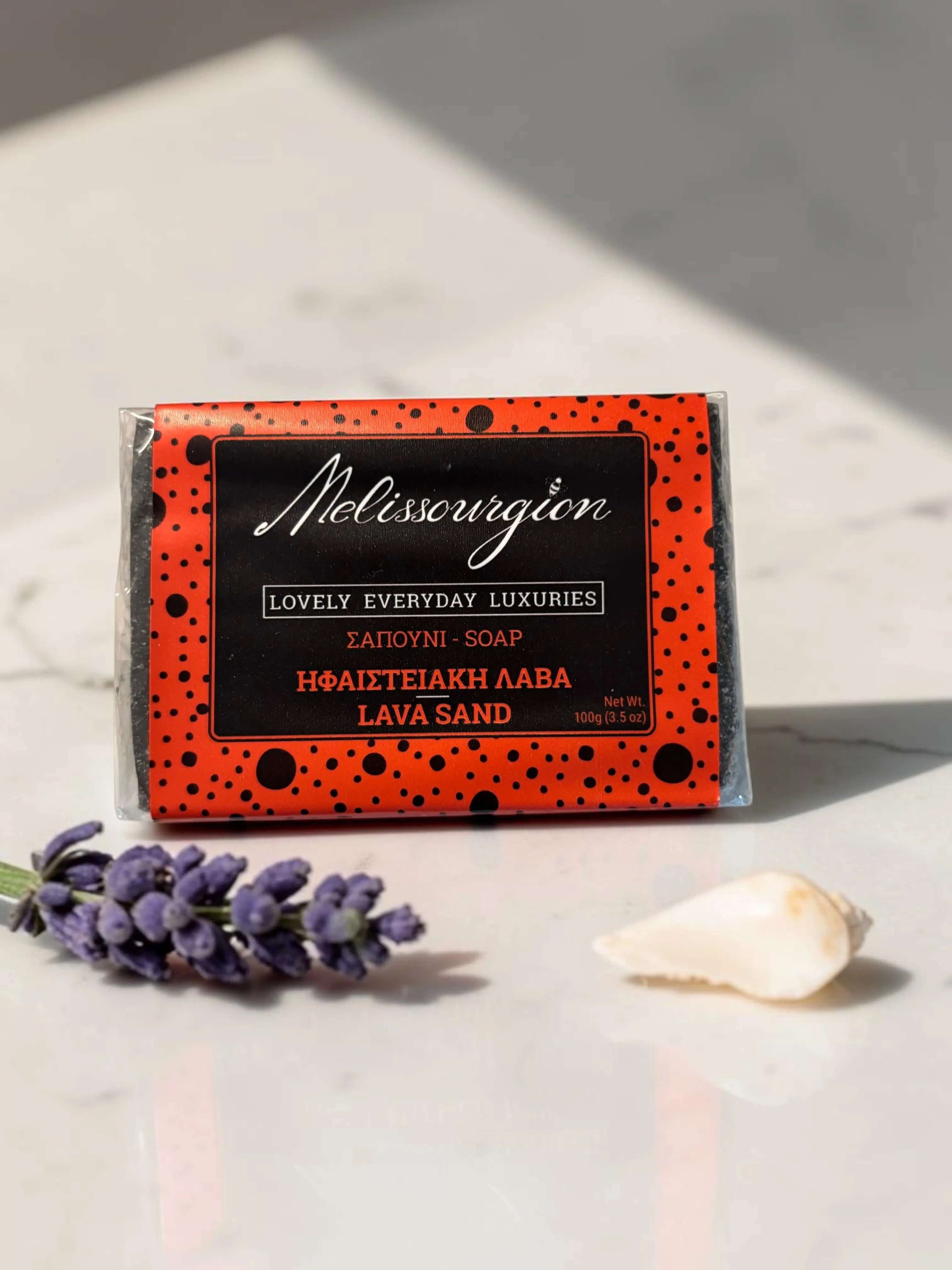 Melissourgion Seife in orangefarbener Box mit Sprenkelmuster