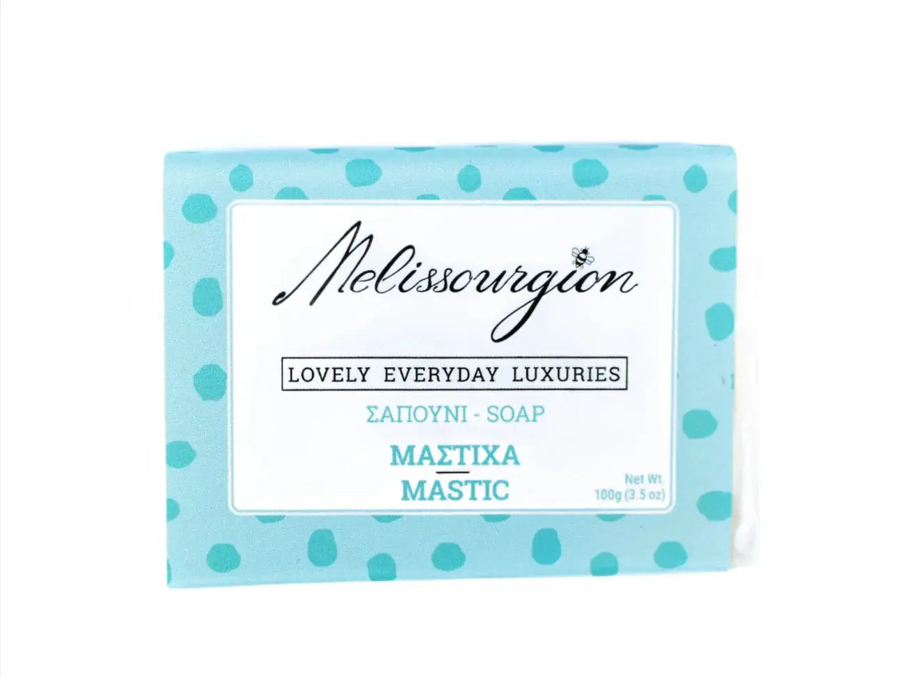 Melissourgion Handseife mit Mastixduft, hellblaue Verpackung mit Wassertropfen