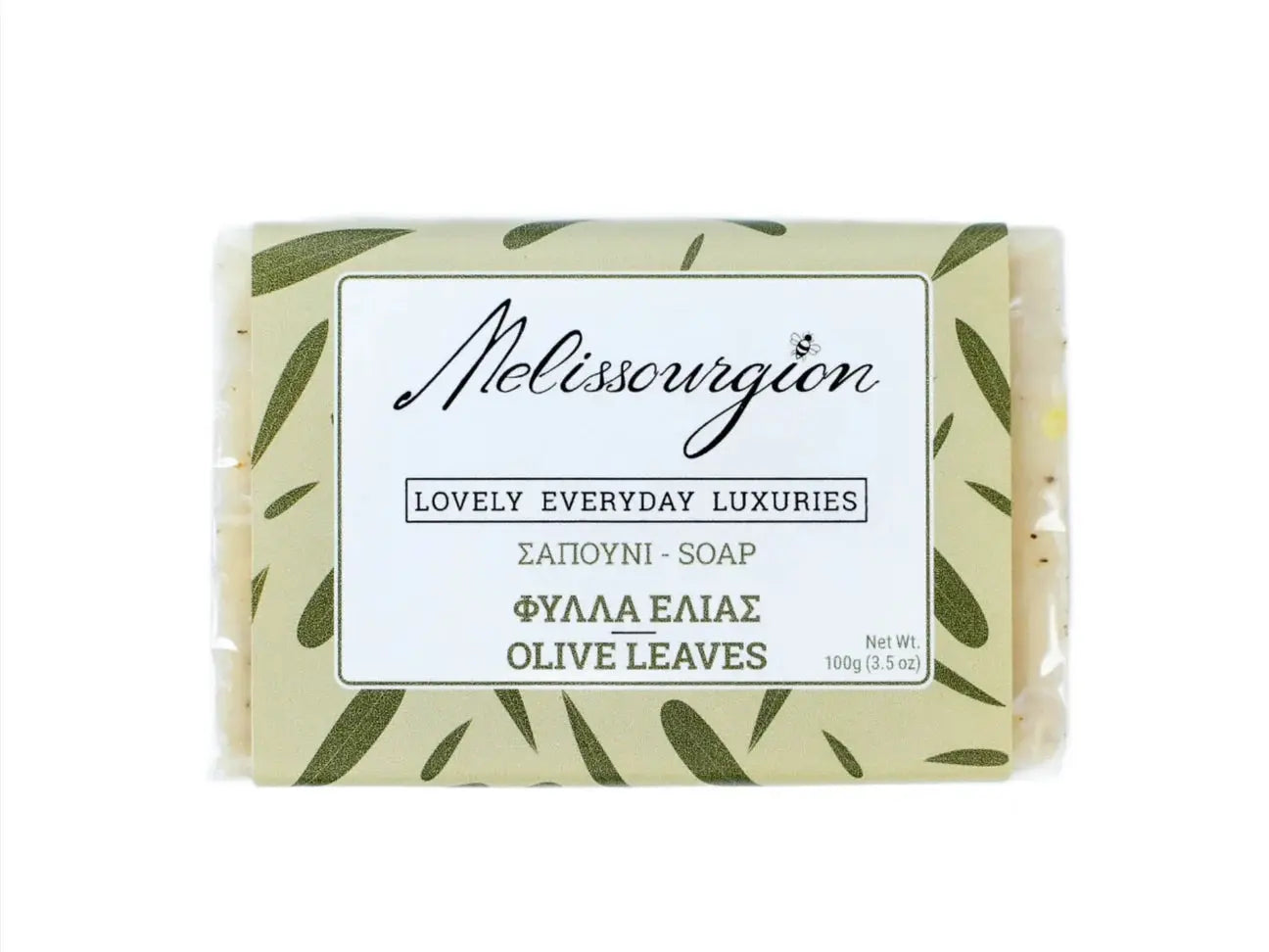 Melissourgion Handseife mit Olive Leaves, cremefarbene Verpackung mit Olivenblättern
