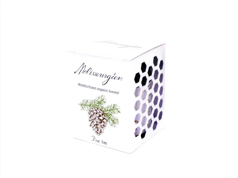 Bio-Honig-Produktbox mit Kiefernzapfen- und Kiefernzweig-Motiv sowie Honigschriftzug