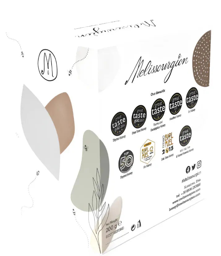 Honig-Produktbox Rückseite mit Angaben und Qualitätssiegeln, Kiefernzweig-Illustration